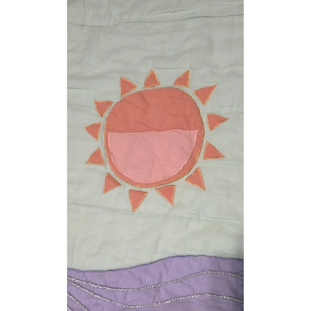 The Land of Nod Mermaid Mixer Quilt Twin Aqua Pink Castle Metallic Embroidery